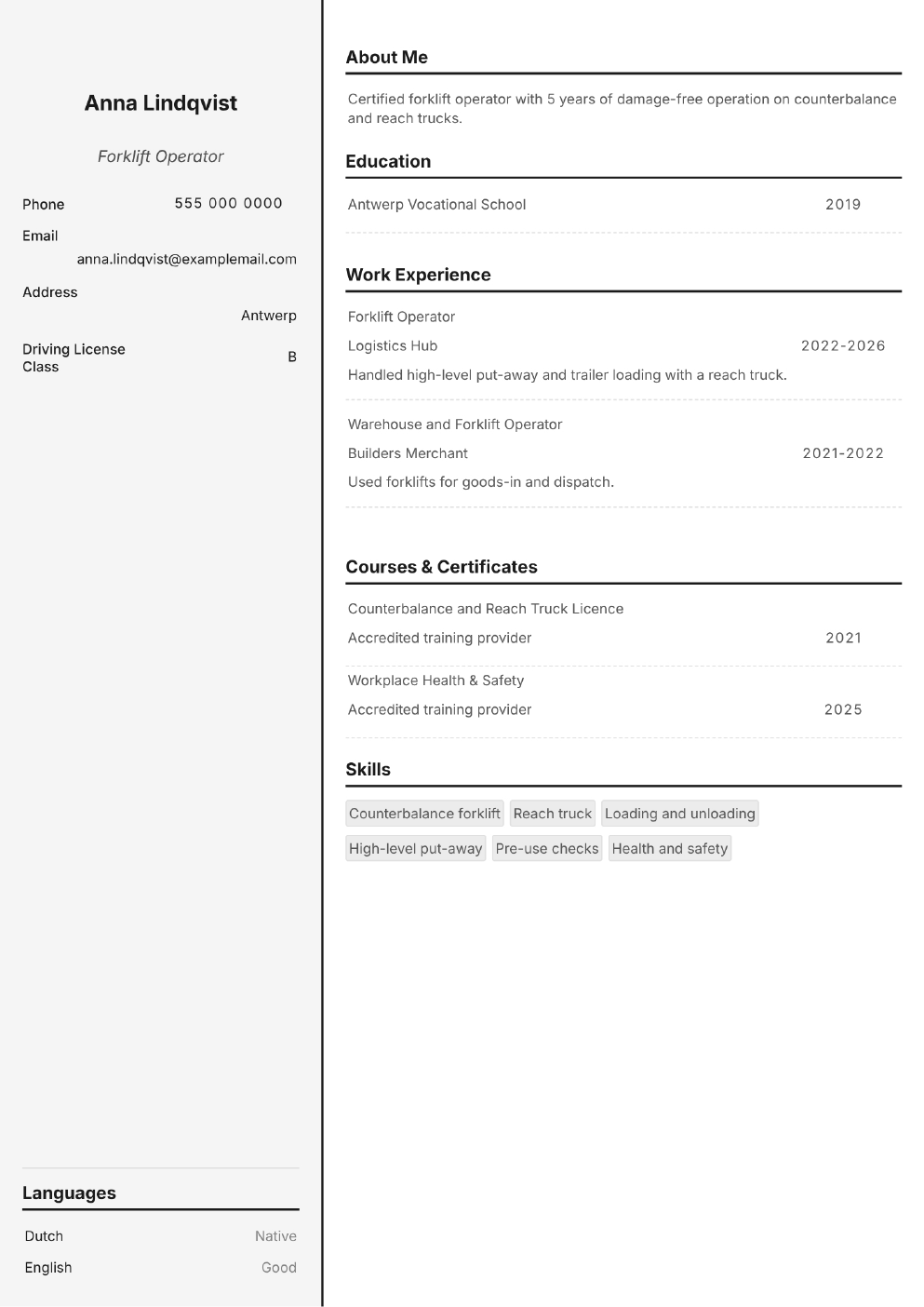 Completed CV example for a Forklift Operator (without photo)