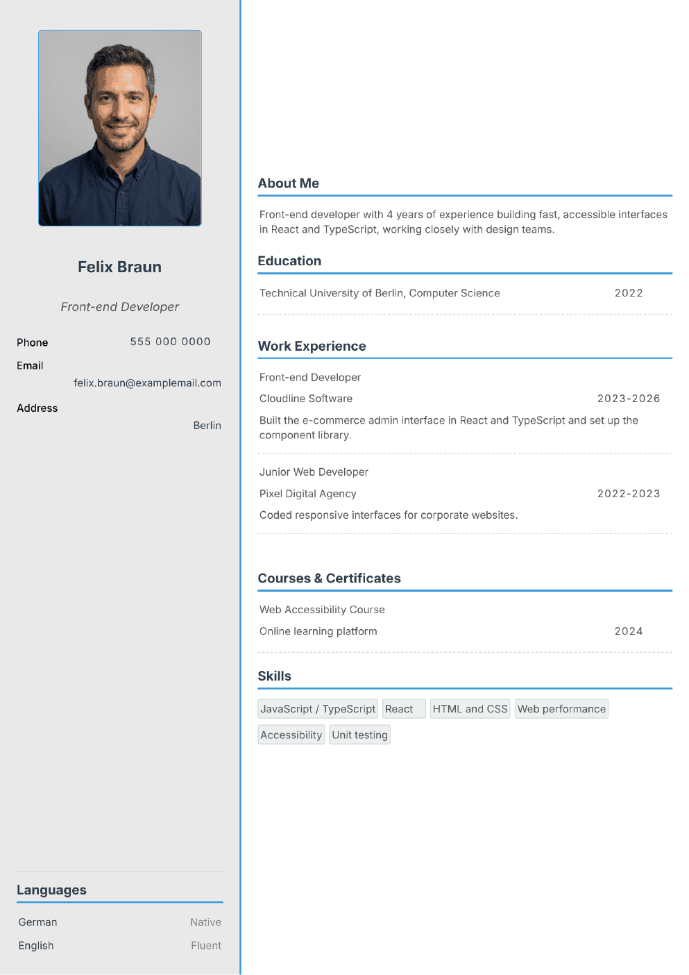 Completed CV example for a Front-end Developer (with photo)