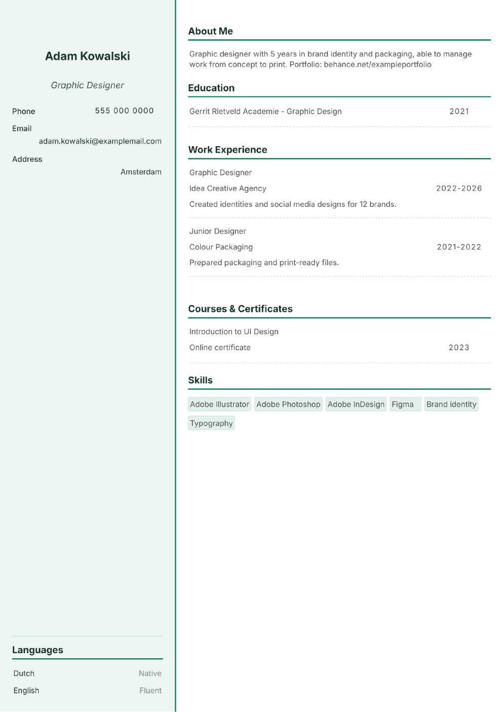 Completed CV example for a Graphic Designer (without photo)