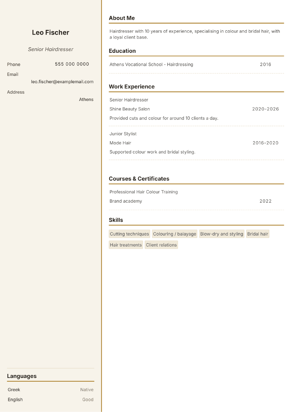 Completed CV example for a Hairdresser (without photo)