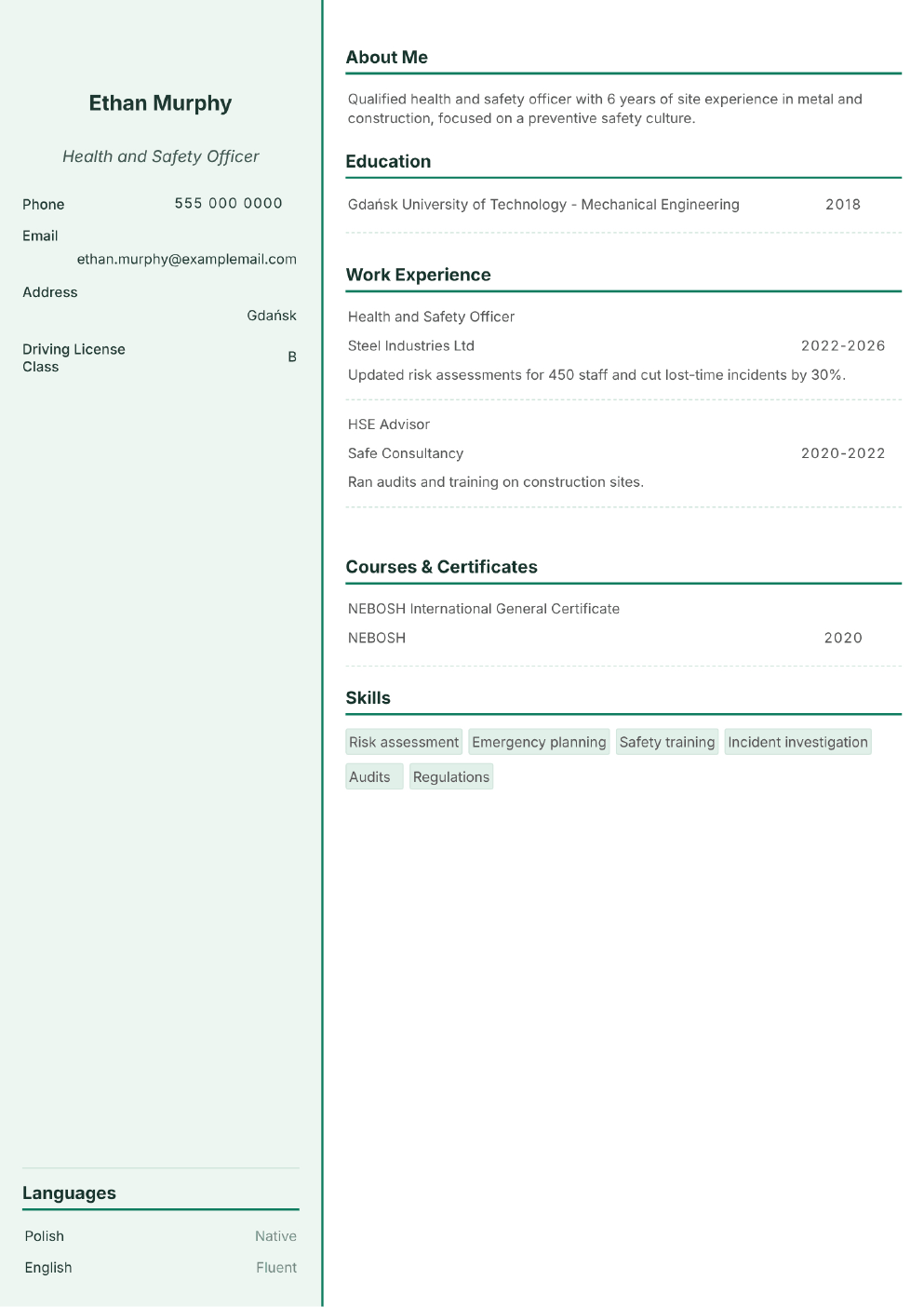 Completed CV example for a Health and Safety Officer (without photo)