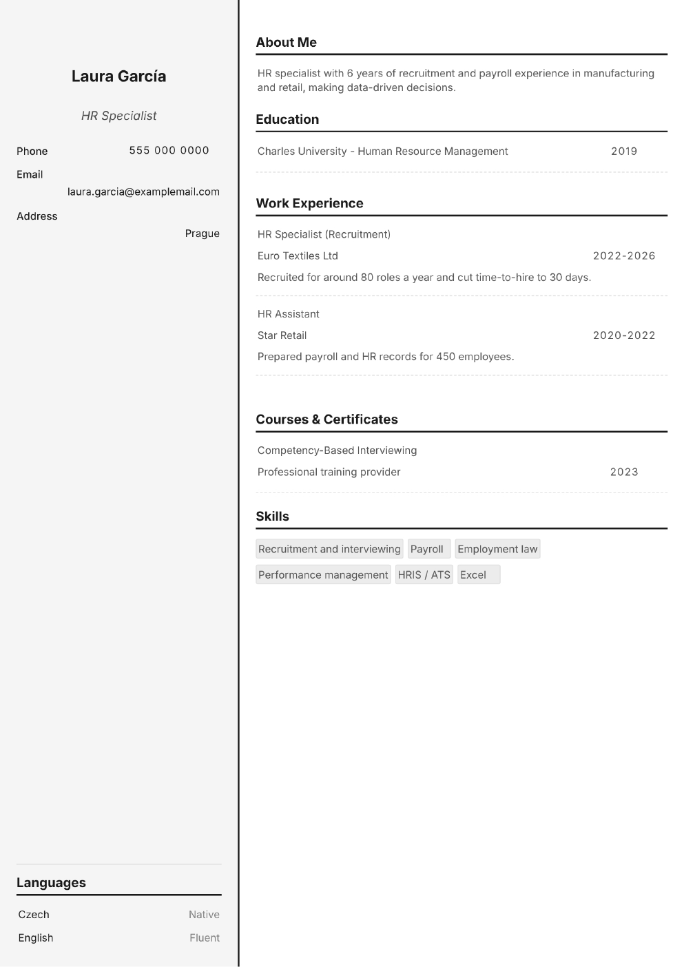 Completed CV example for a HR Specialist (without photo)