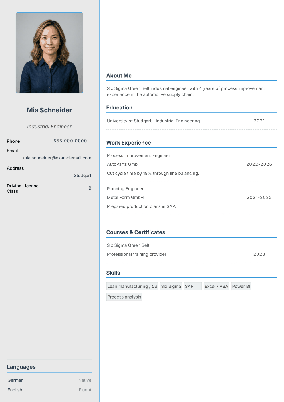 Completed CV example for an Industrial Engineer (with photo)