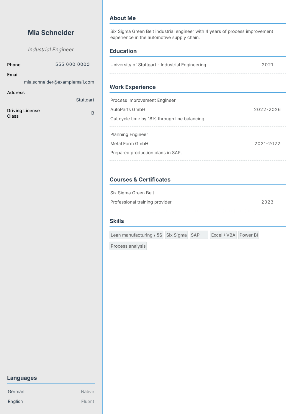 Completed CV example for an Industrial Engineer (without photo)