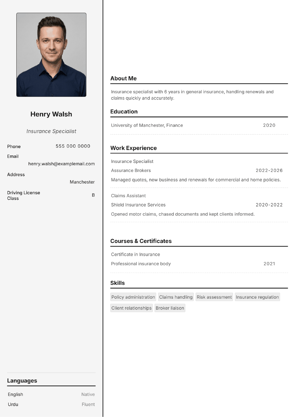 Completed CV example for a Insurance Specialist (with photo)