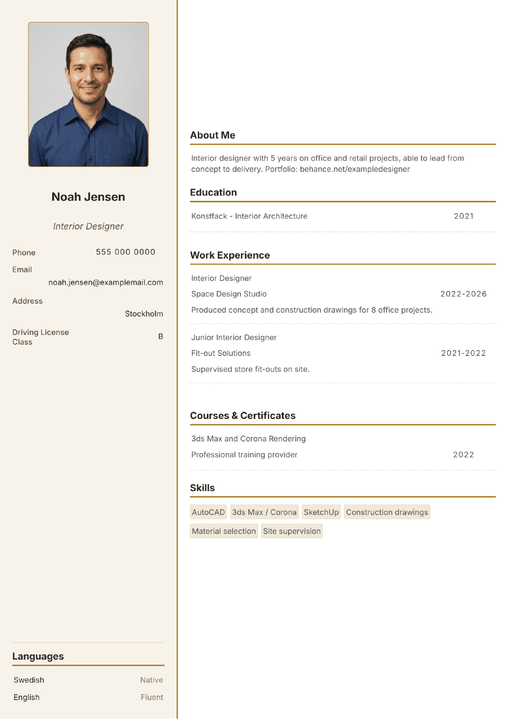Completed CV example for an Interior Designer (with photo)