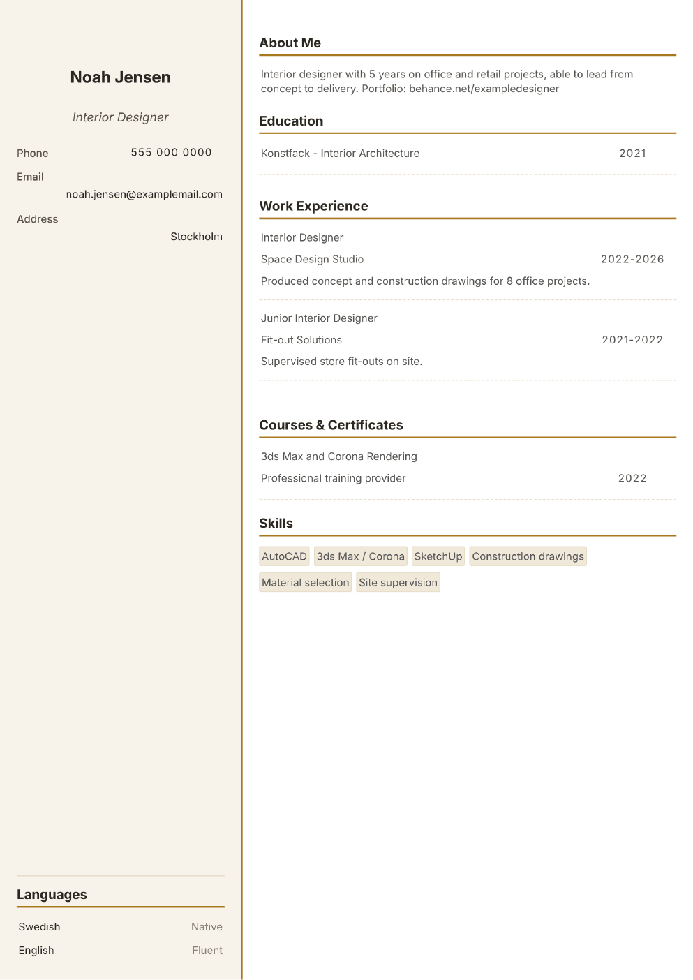 Completed CV example for an Interior Designer (without photo)