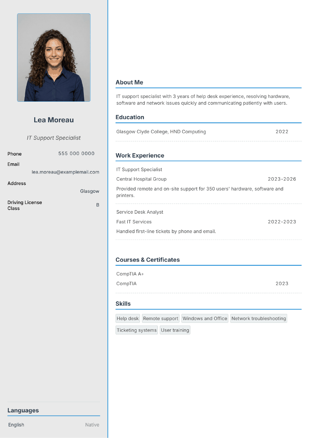 Completed CV example for a IT Support Specialist (without photo)