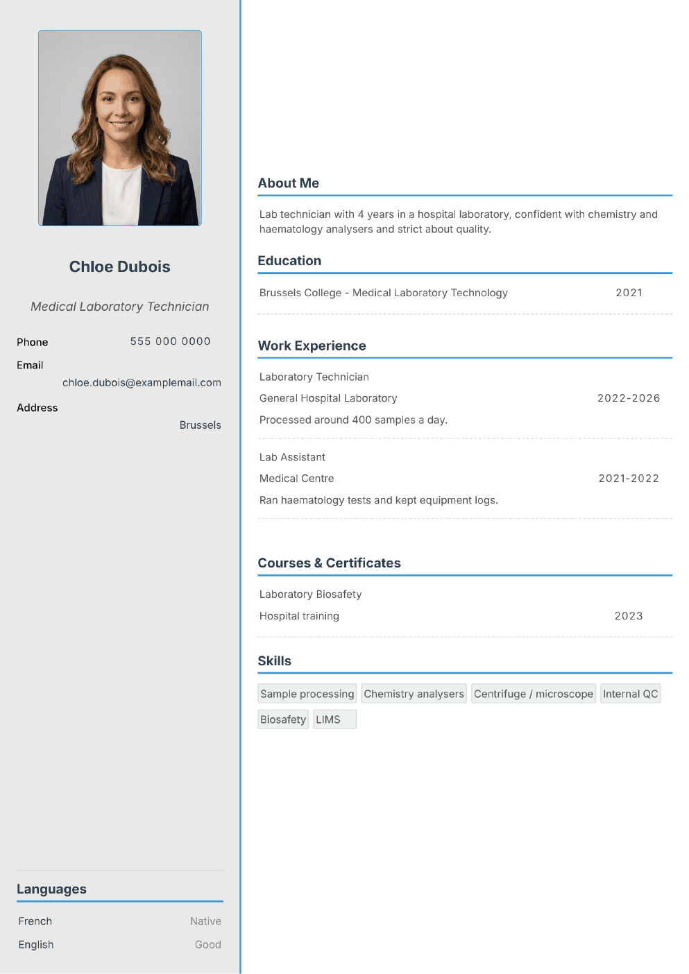 Completed CV example for a Laboratory Technician (with photo)