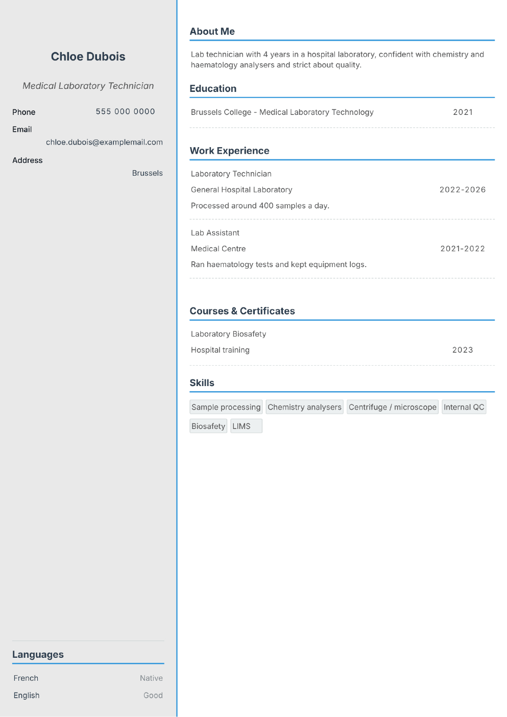 Completed CV example for a Laboratory Technician (without photo)