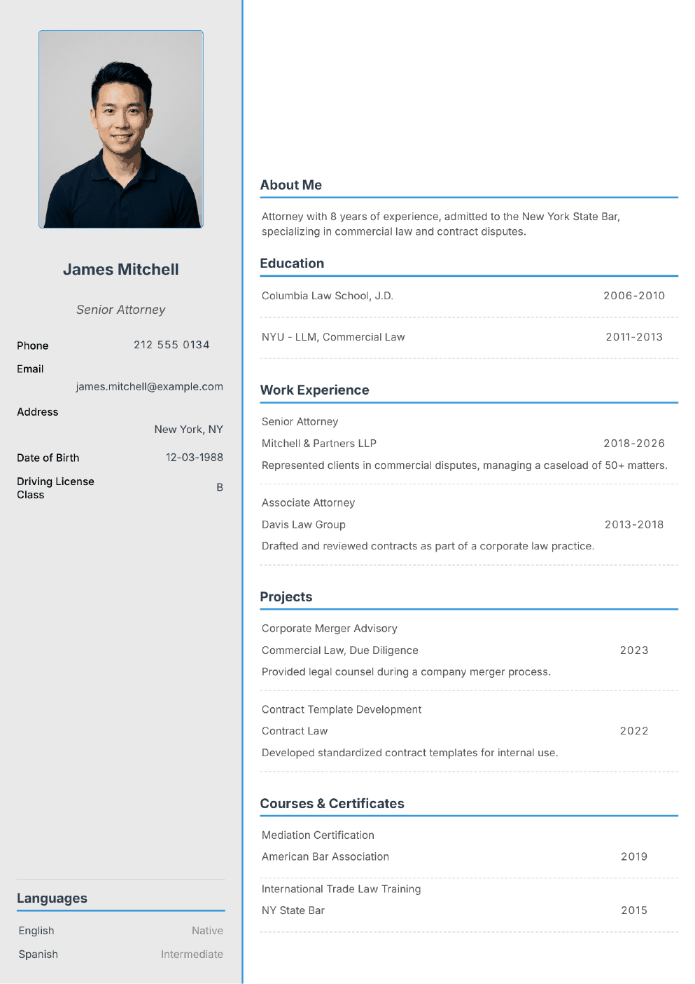 Filled-in example CV for Lawyer (with photo)