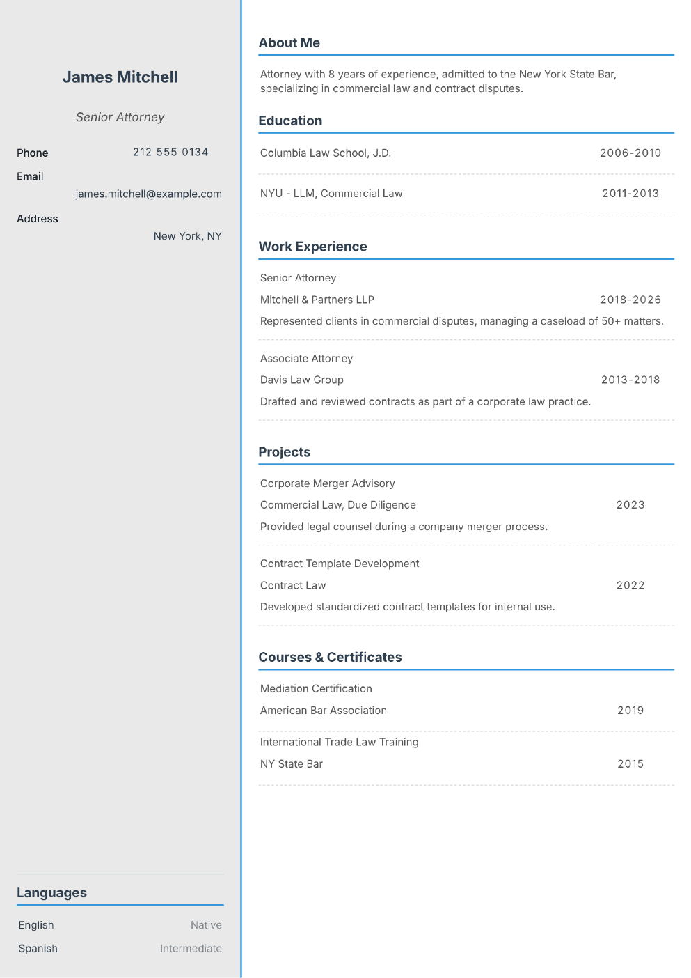 Filled-in example CV for Lawyer (without photo)