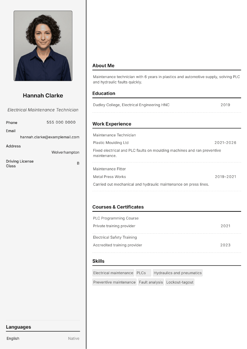 Completed CV example for a Maintenance Technician (with photo)