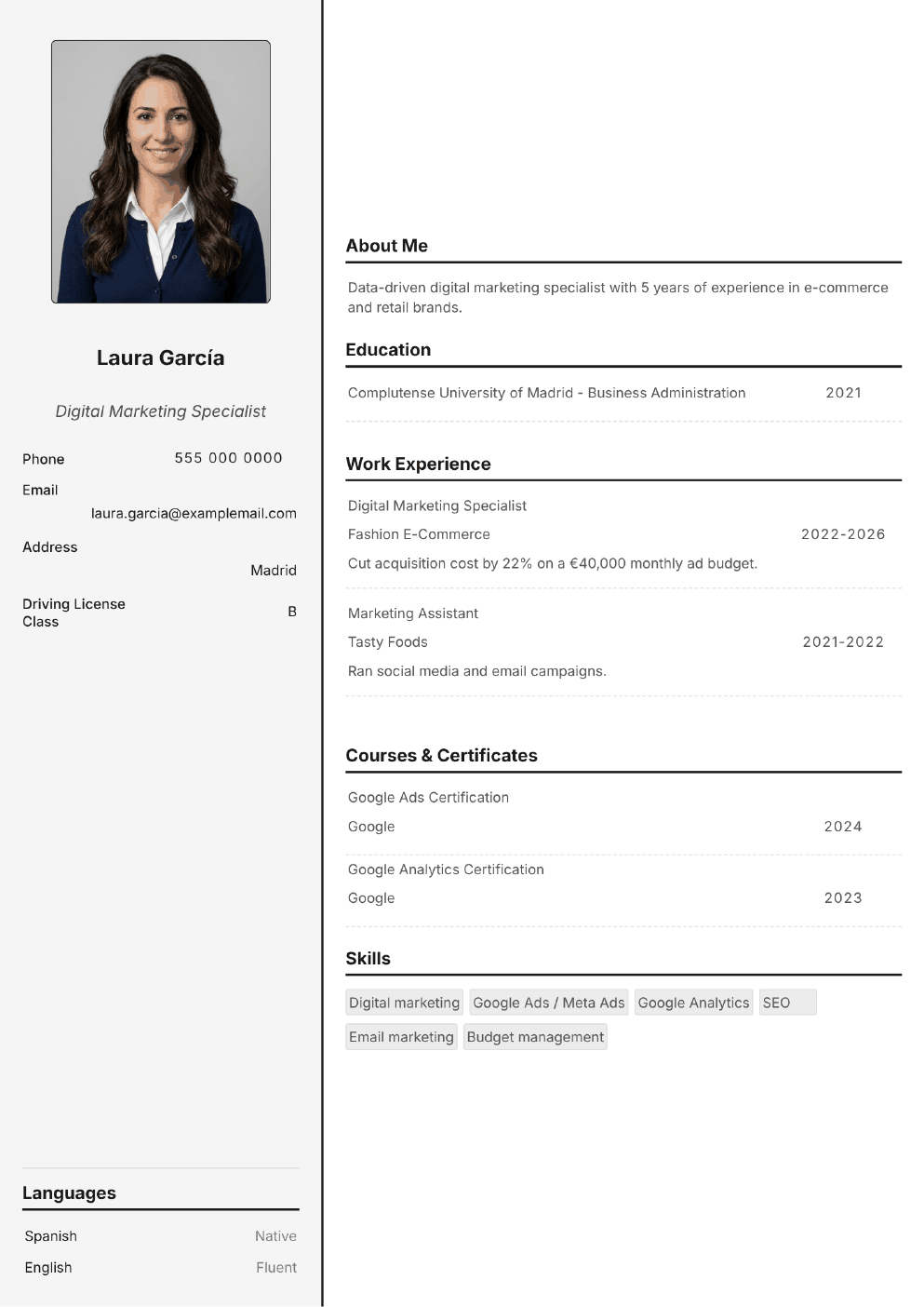 Completed CV example for a Marketing Specialist (with photo)