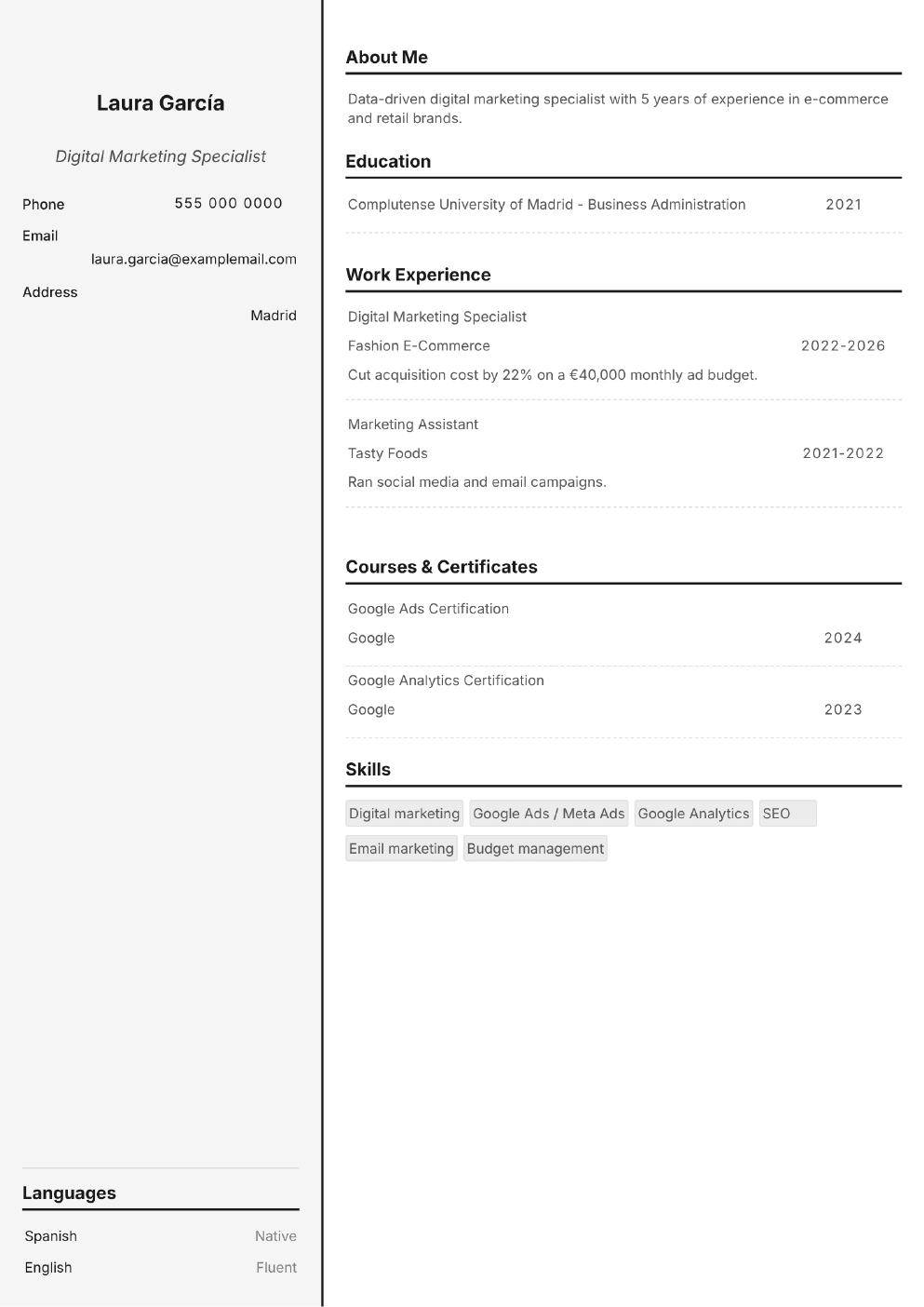 Completed CV example for a Marketing Specialist (without photo)
