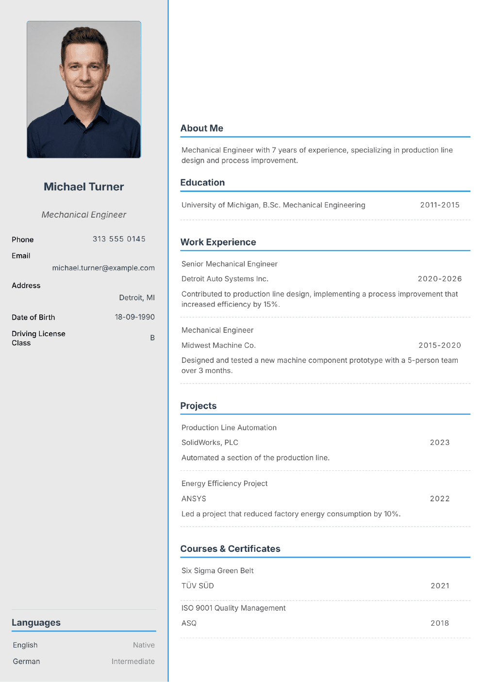Filled-in example CV for Mechanical Engineer (with photo)