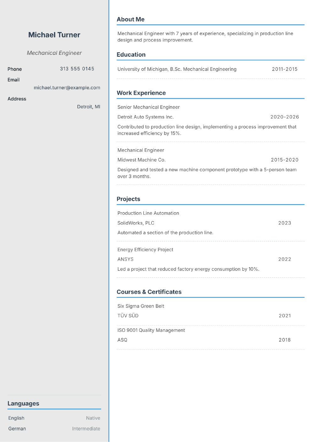 Filled-in example CV for Mechanical Engineer (without photo)