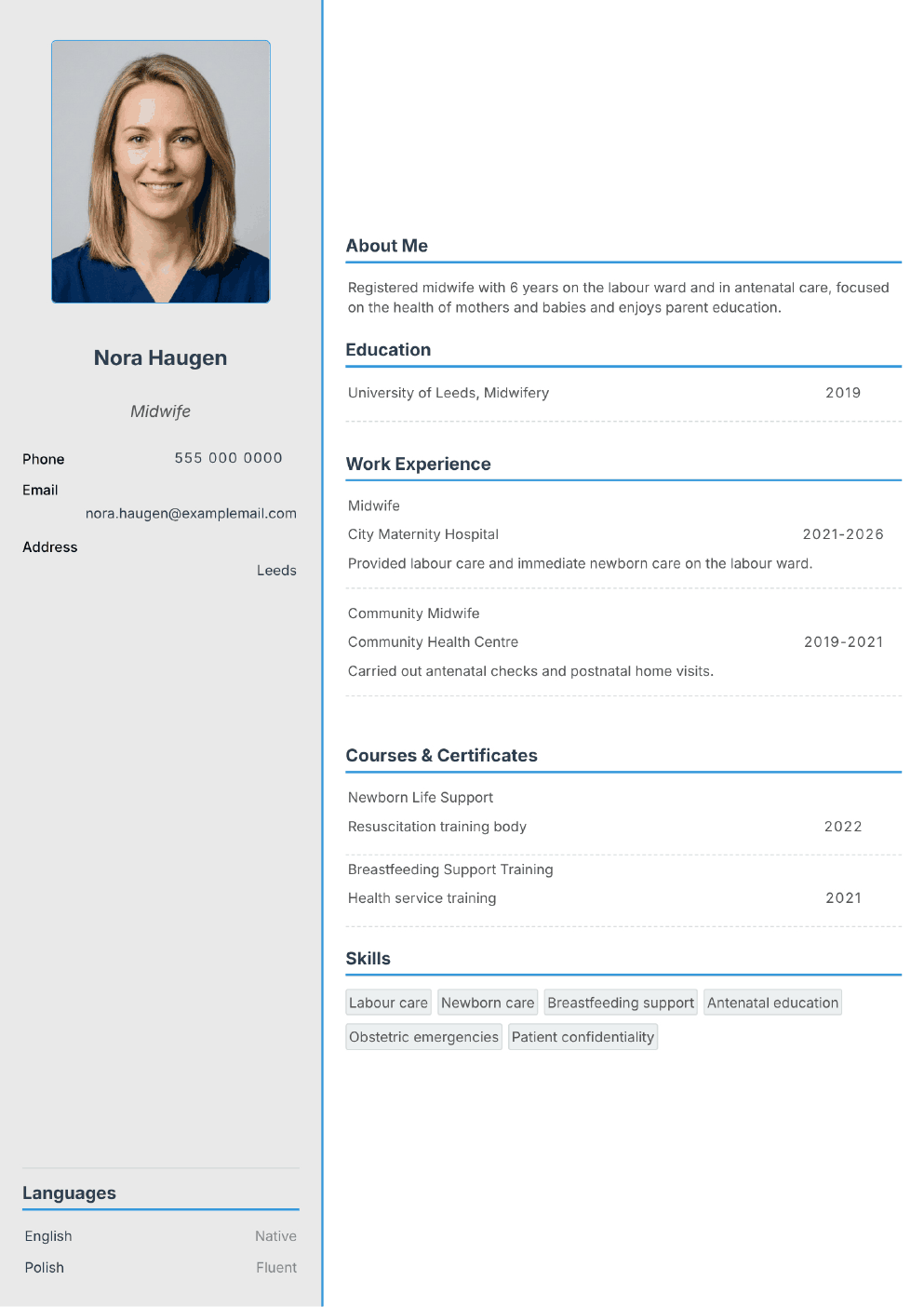 Completed CV example for a Midwife (with photo)