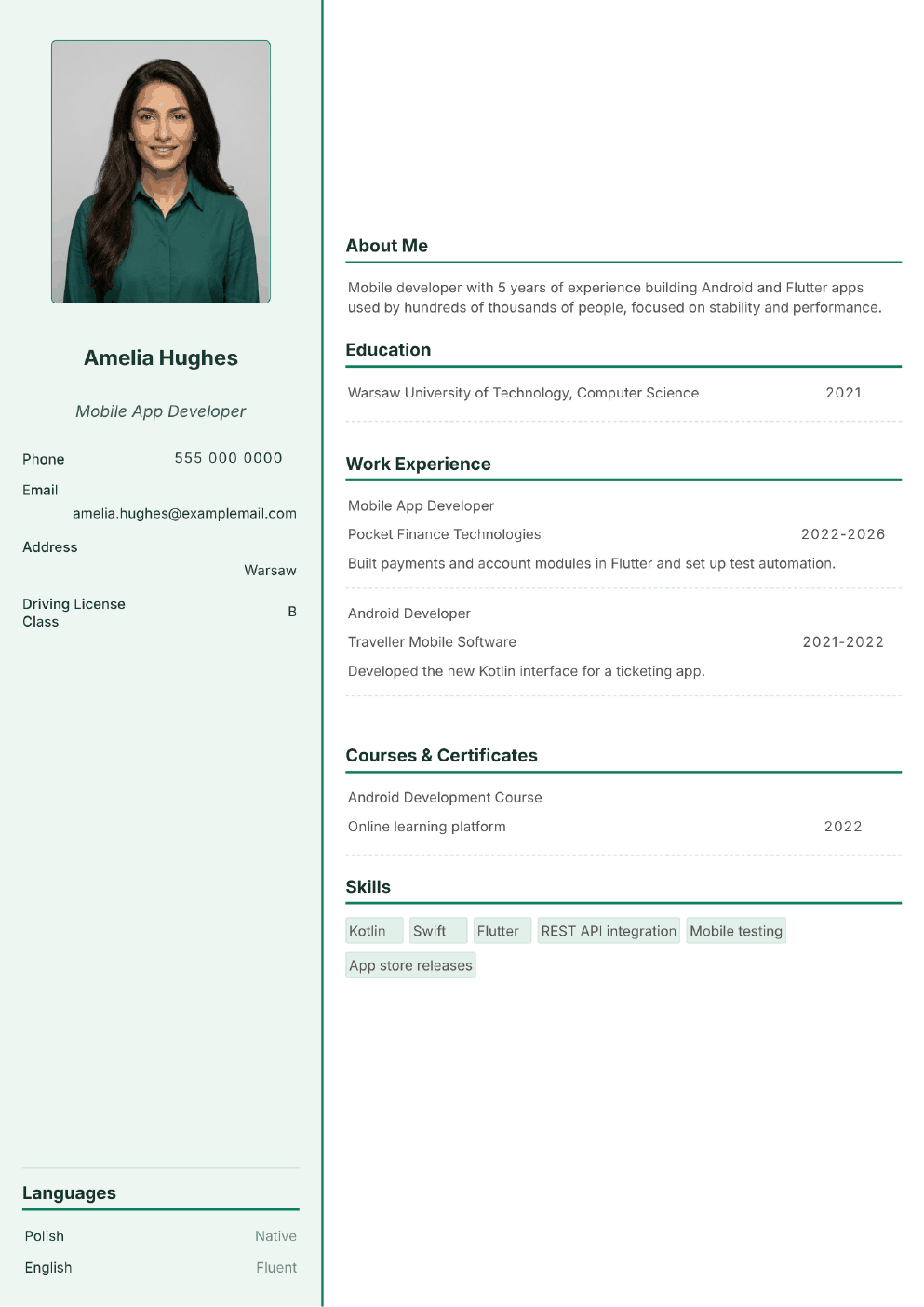 Completed CV example for a Mobile App Developer (with photo)