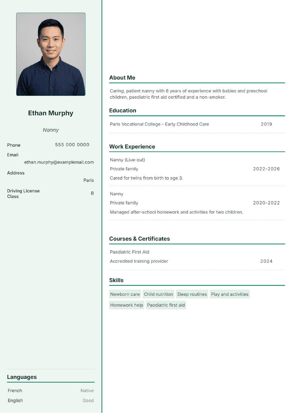 Completed CV example for a Nanny / Childminder (with photo)