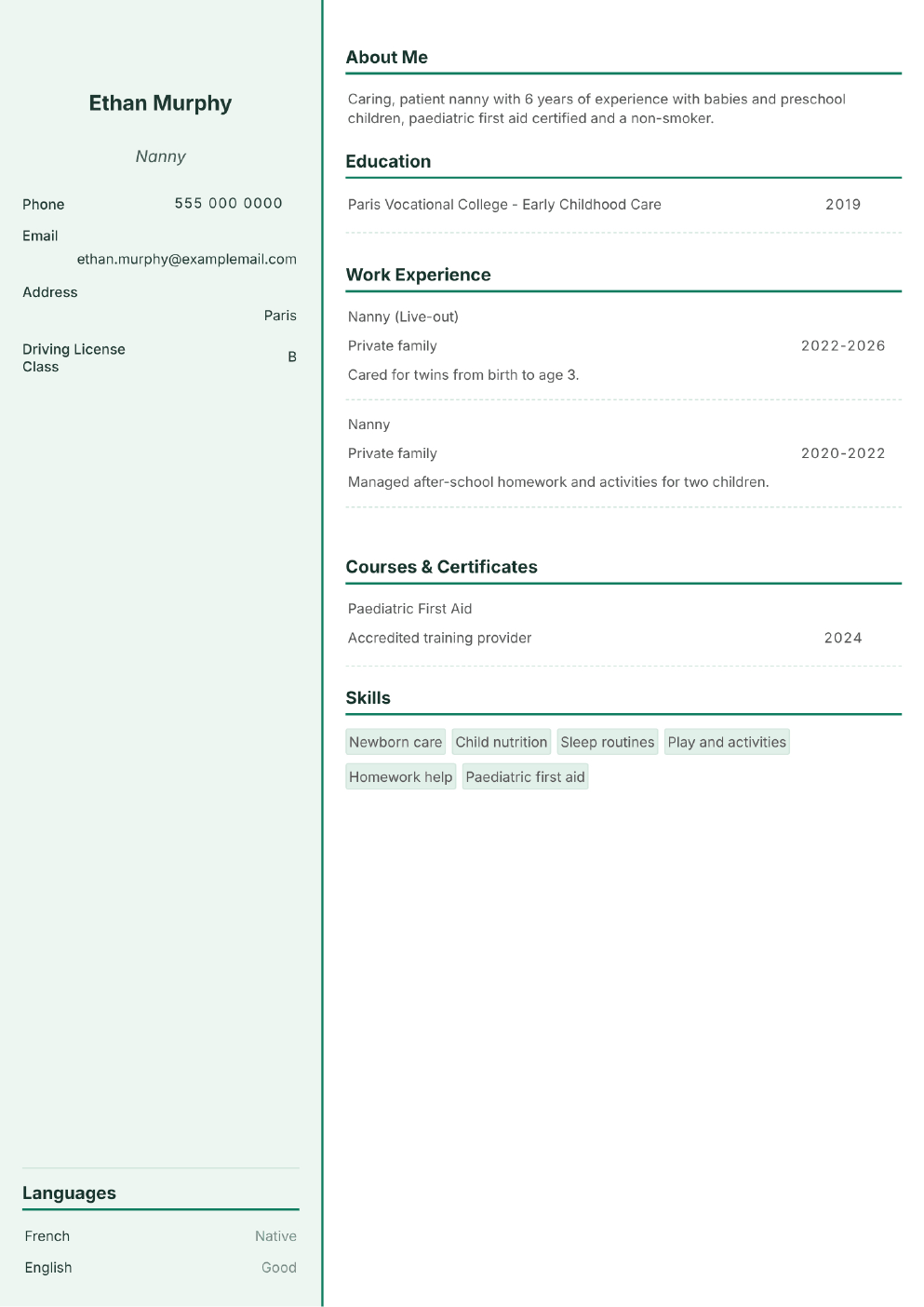 Completed CV example for a Nanny / Childminder (without photo)