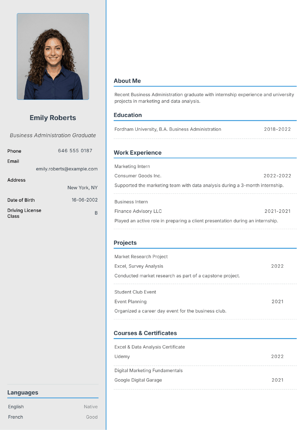 Filled-in example CV for New Graduate (with photo)