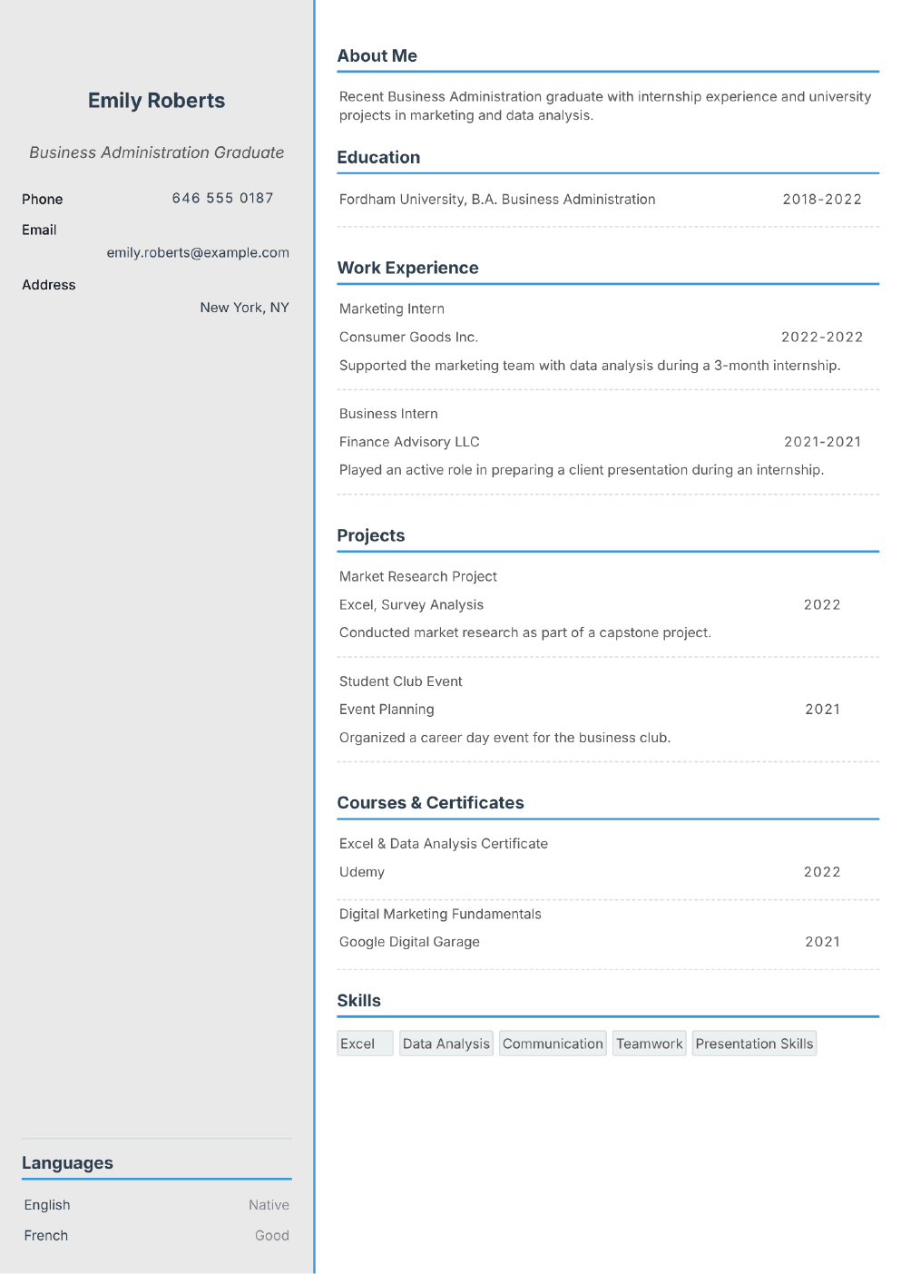Filled-in example CV for New Graduate (without photo)