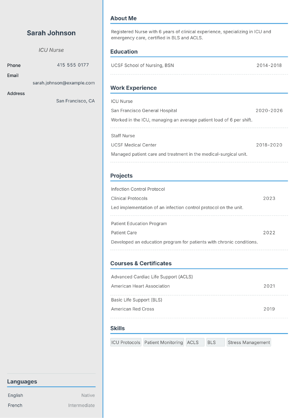 Filled-in example CV for Nurse (without photo)