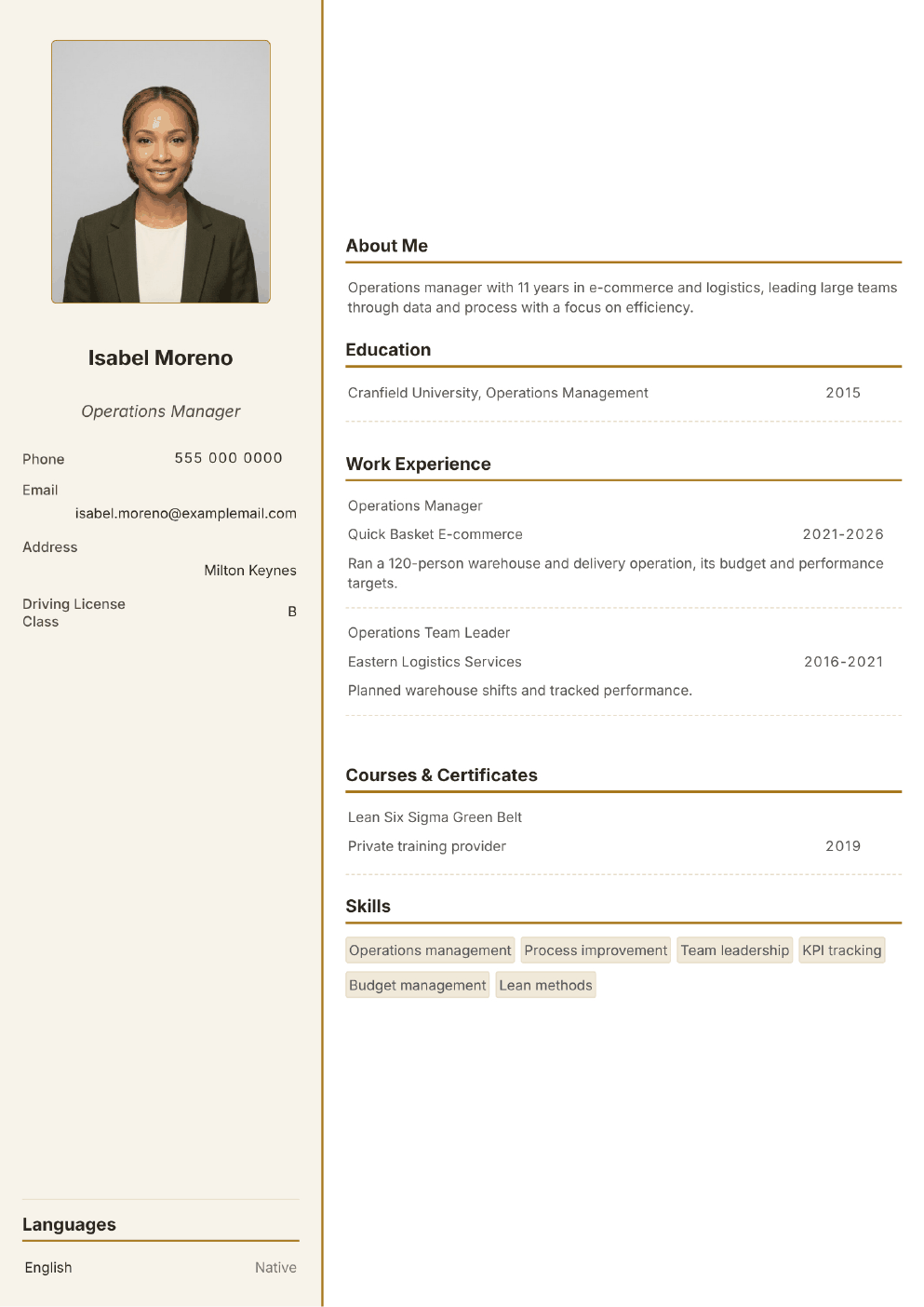 Completed CV example for a Operations Manager (without photo)
