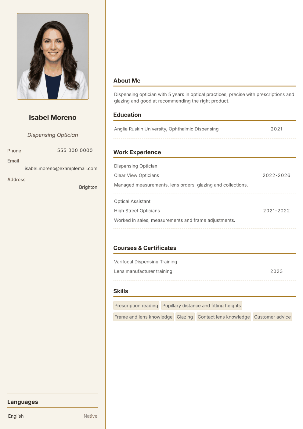 Completed CV example for a Optician (without photo)