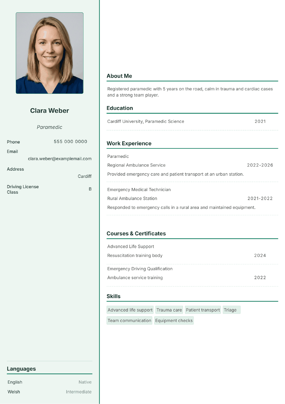 Completed CV example for a Paramedic (without photo)