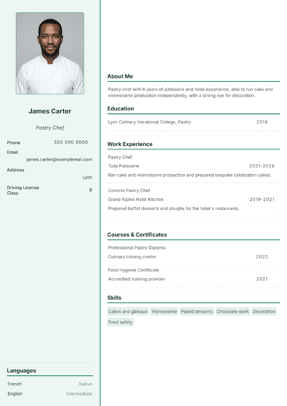 Completed CV example for a Pastry Chef (with photo)
