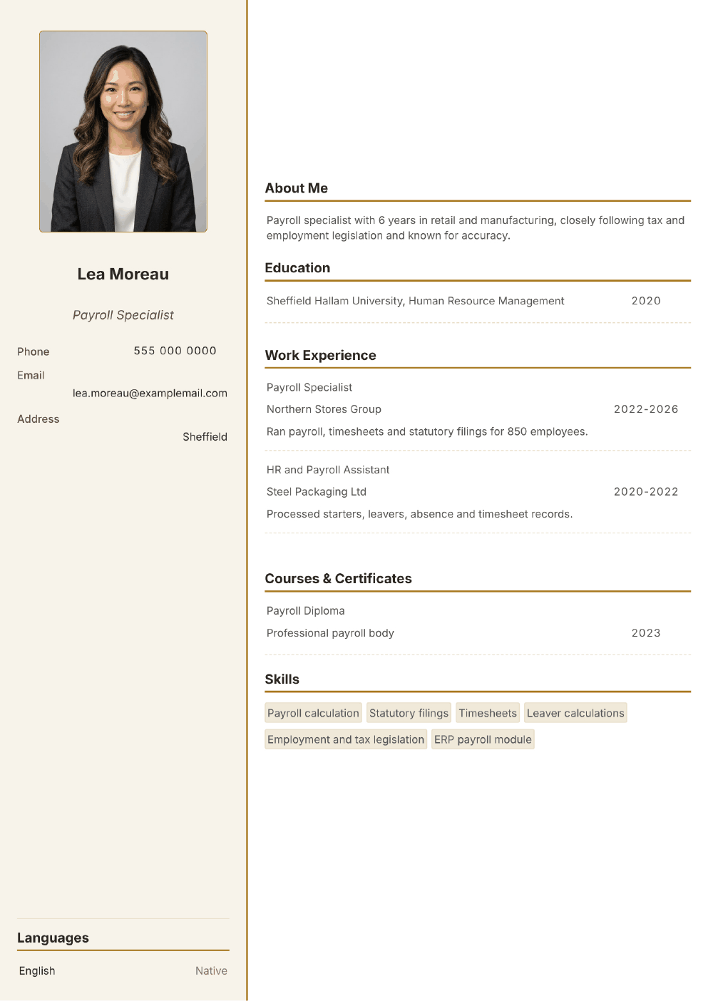 Completed CV example for a Payroll Specialist (without photo)