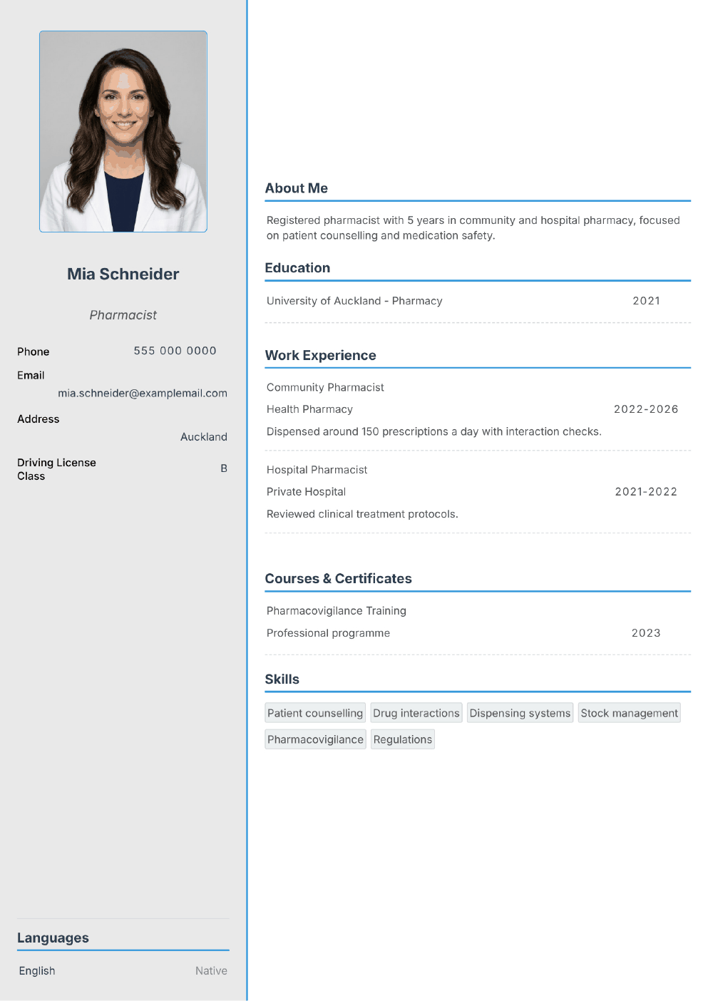 Completed CV example for a Pharmacist (with photo)