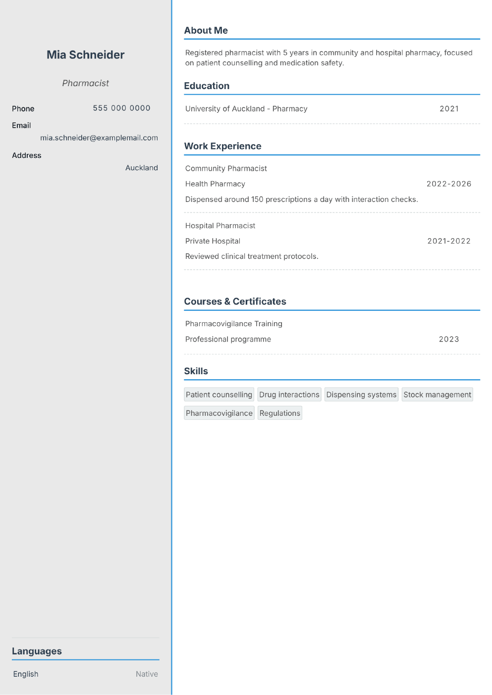 Completed CV example for a Pharmacist (without photo)