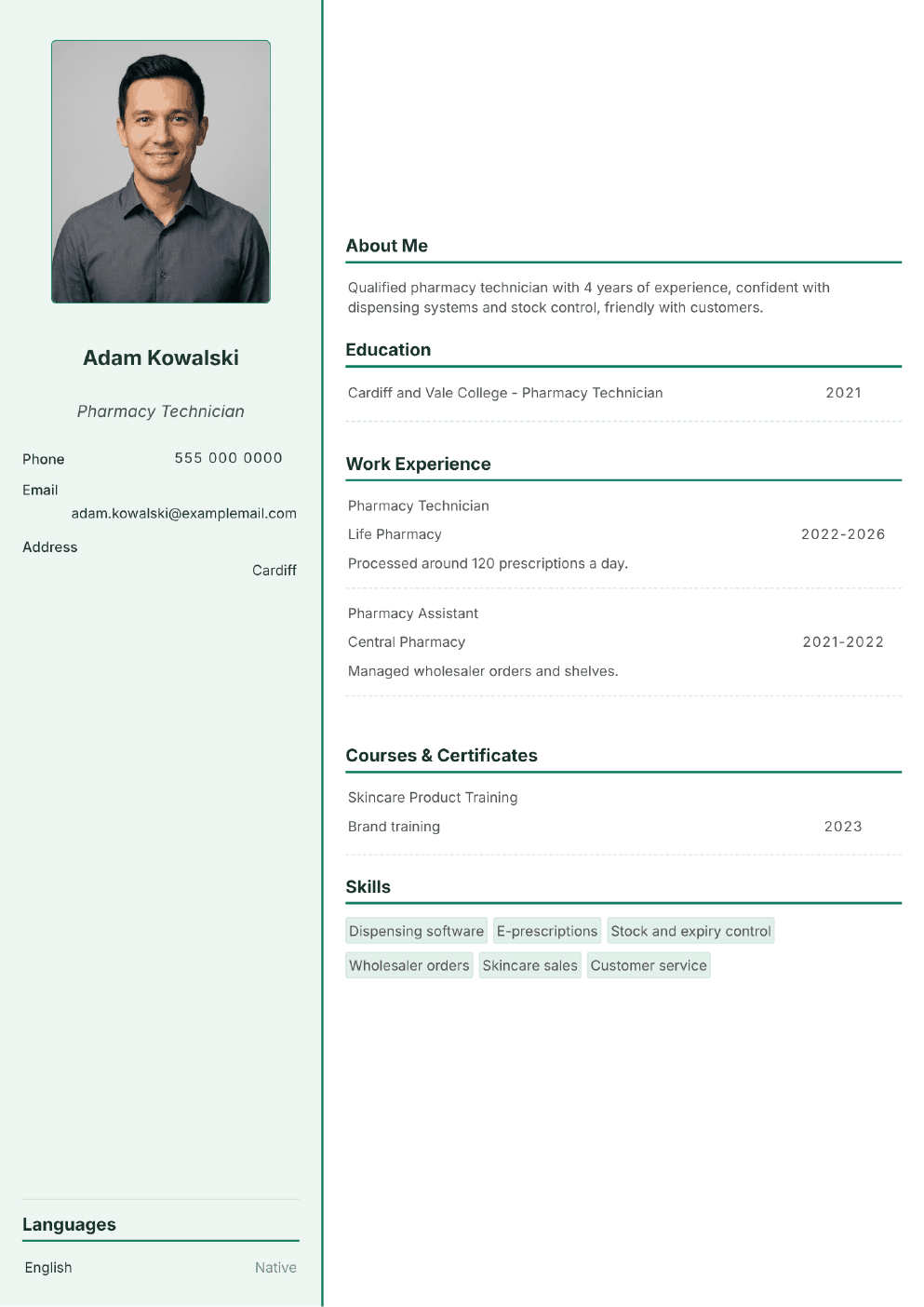 Completed CV example for a Pharmacy Technician (with photo)