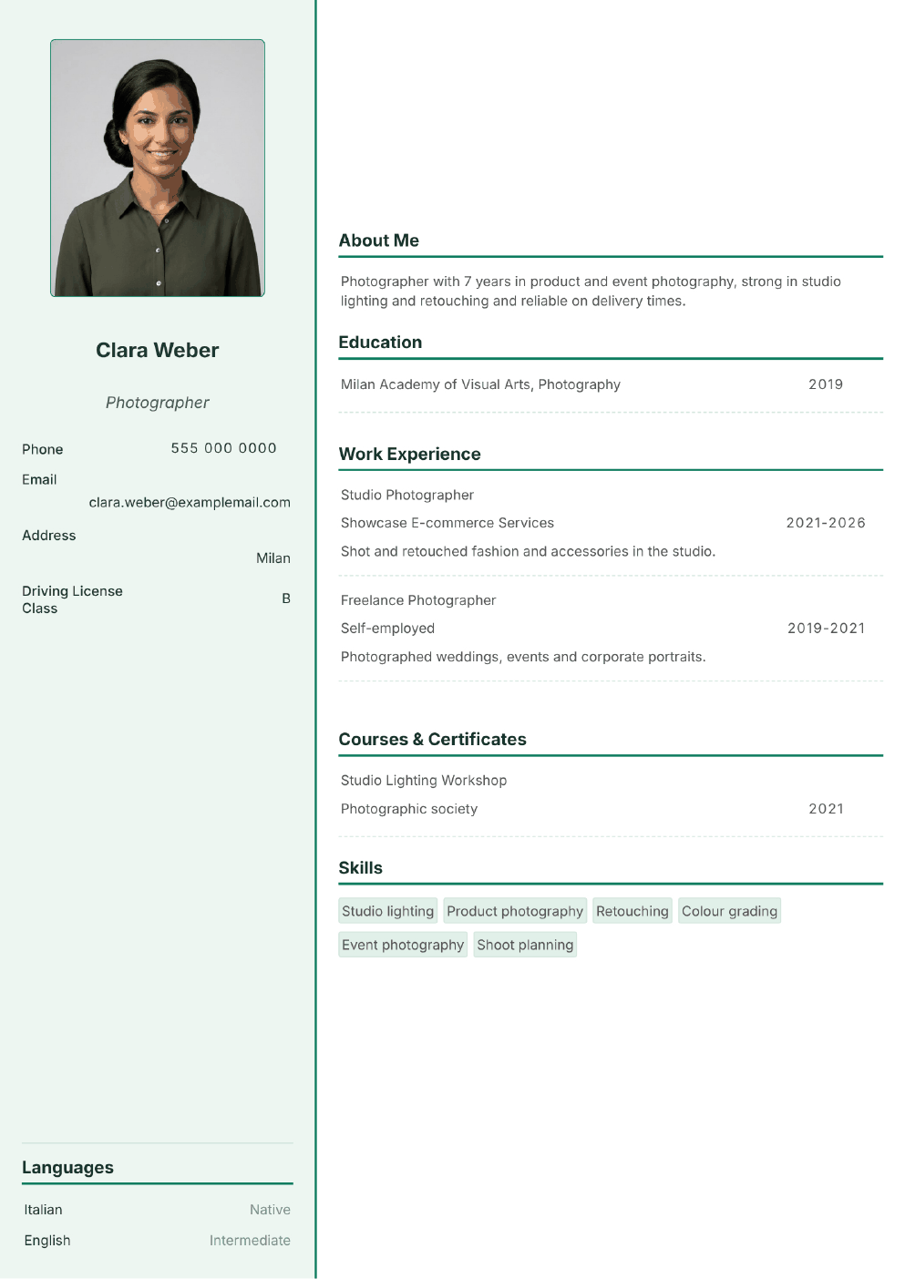 Completed CV example for a Photographer (without photo)