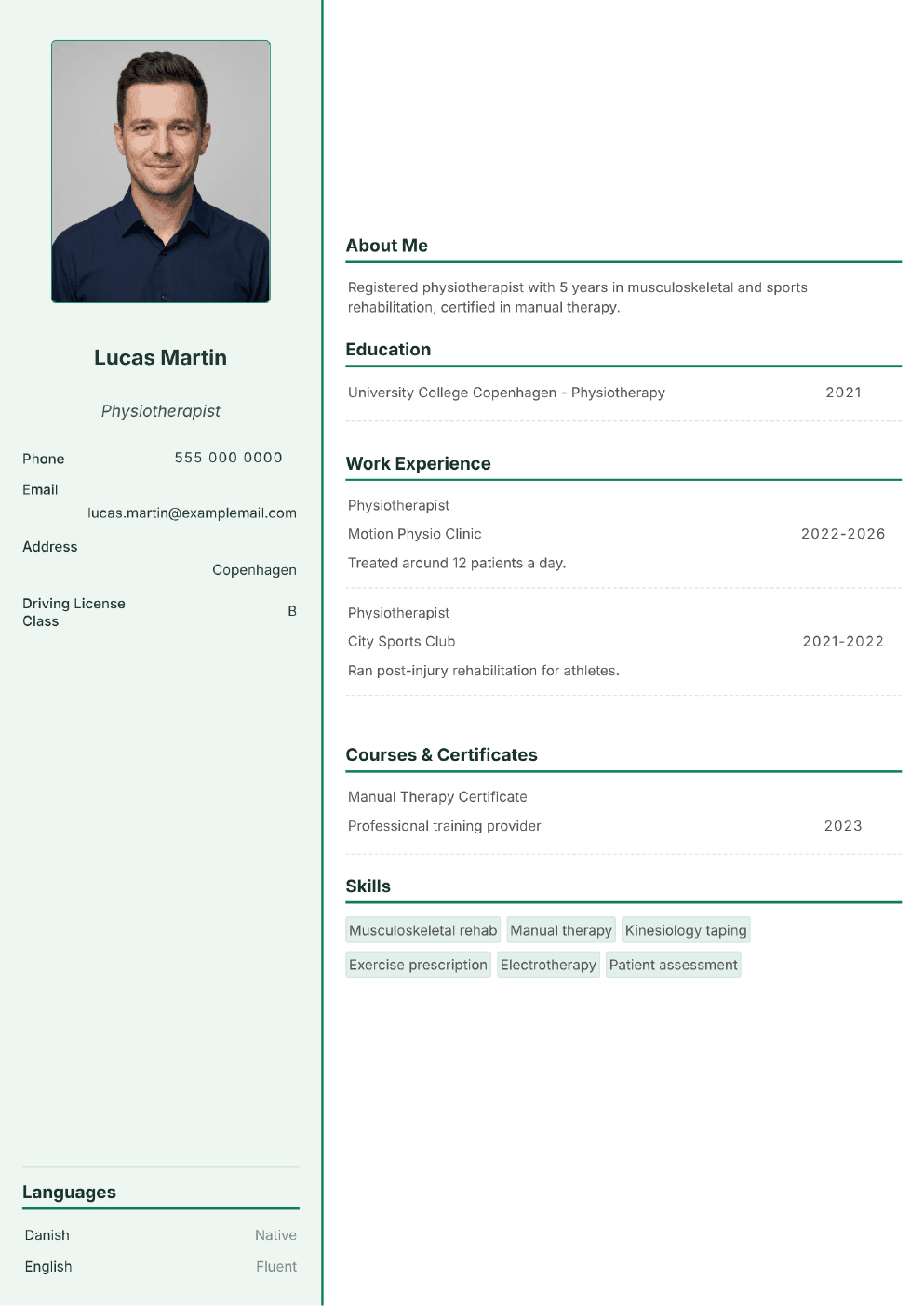 Completed CV example for a Physiotherapist (with photo)