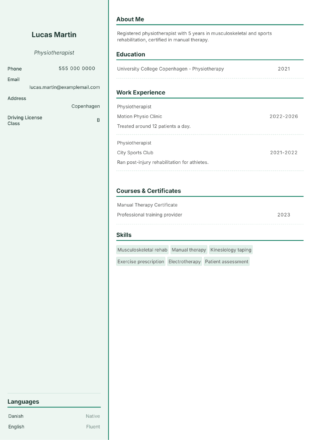Completed CV example for a Physiotherapist (without photo)