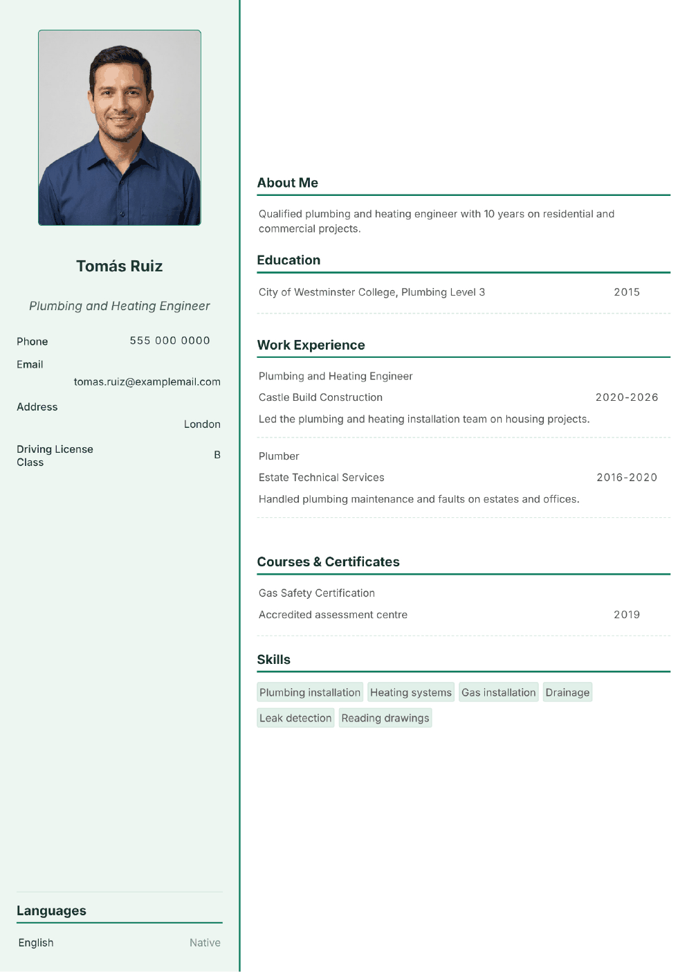 Completed CV example for a Plumber (without photo)