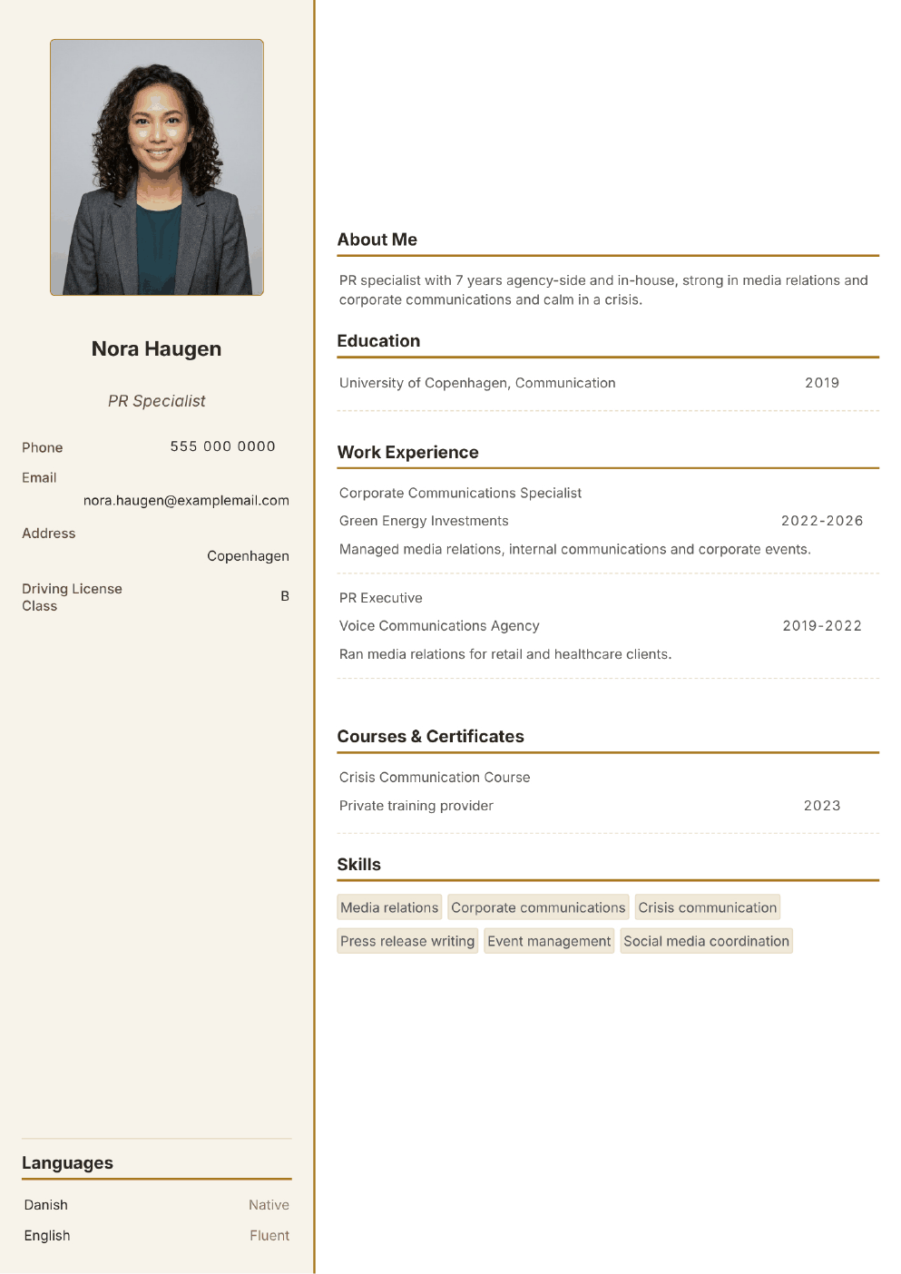 Completed CV example for a PR Specialist (without photo)