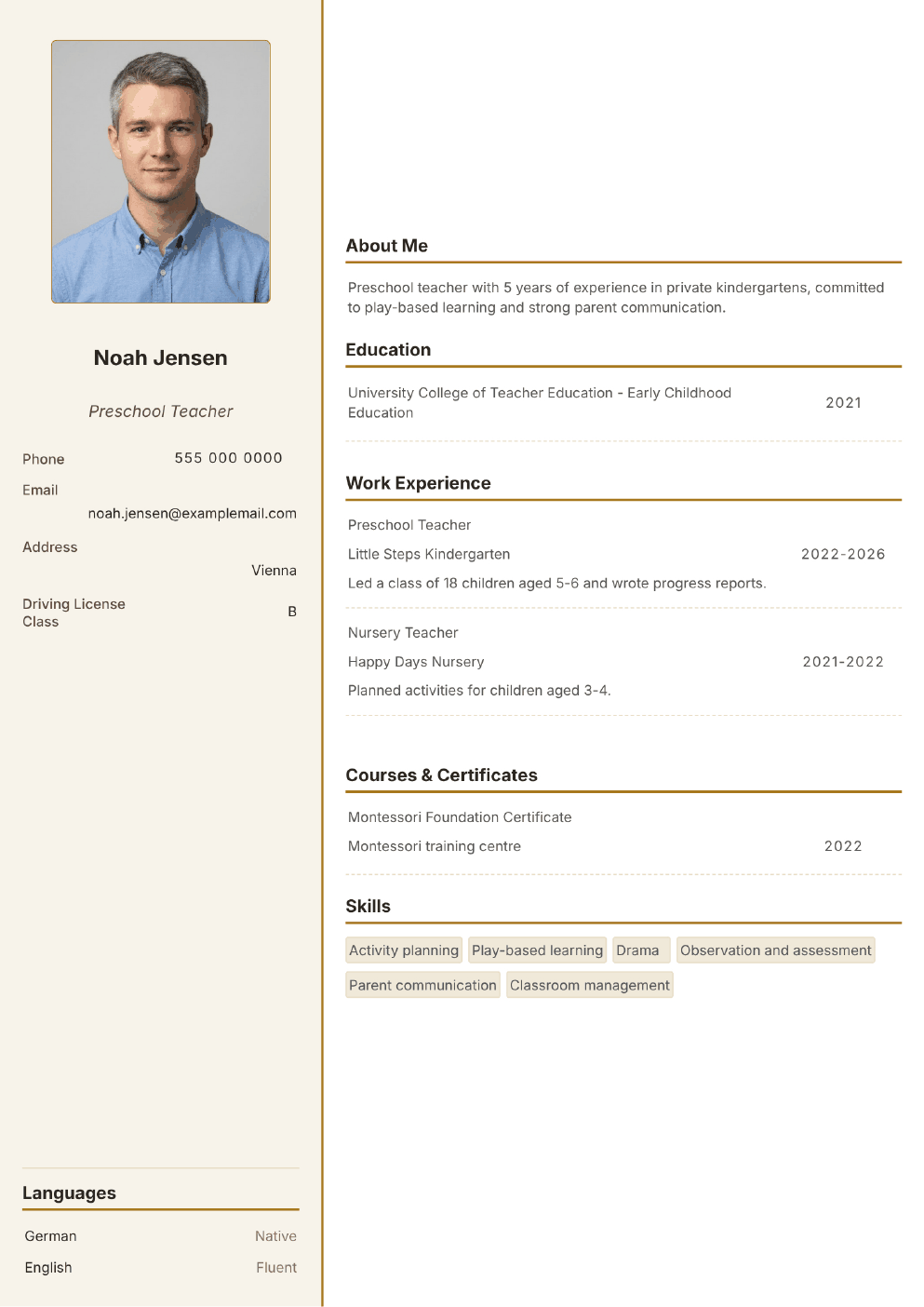 Completed CV example for a Preschool Teacher (with photo)