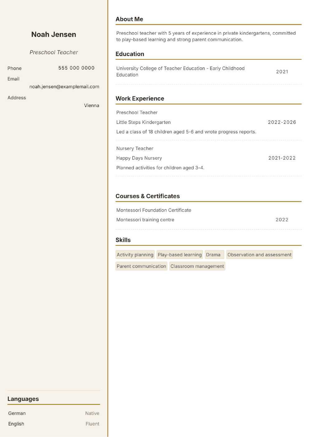 Completed CV example for a Preschool Teacher (without photo)