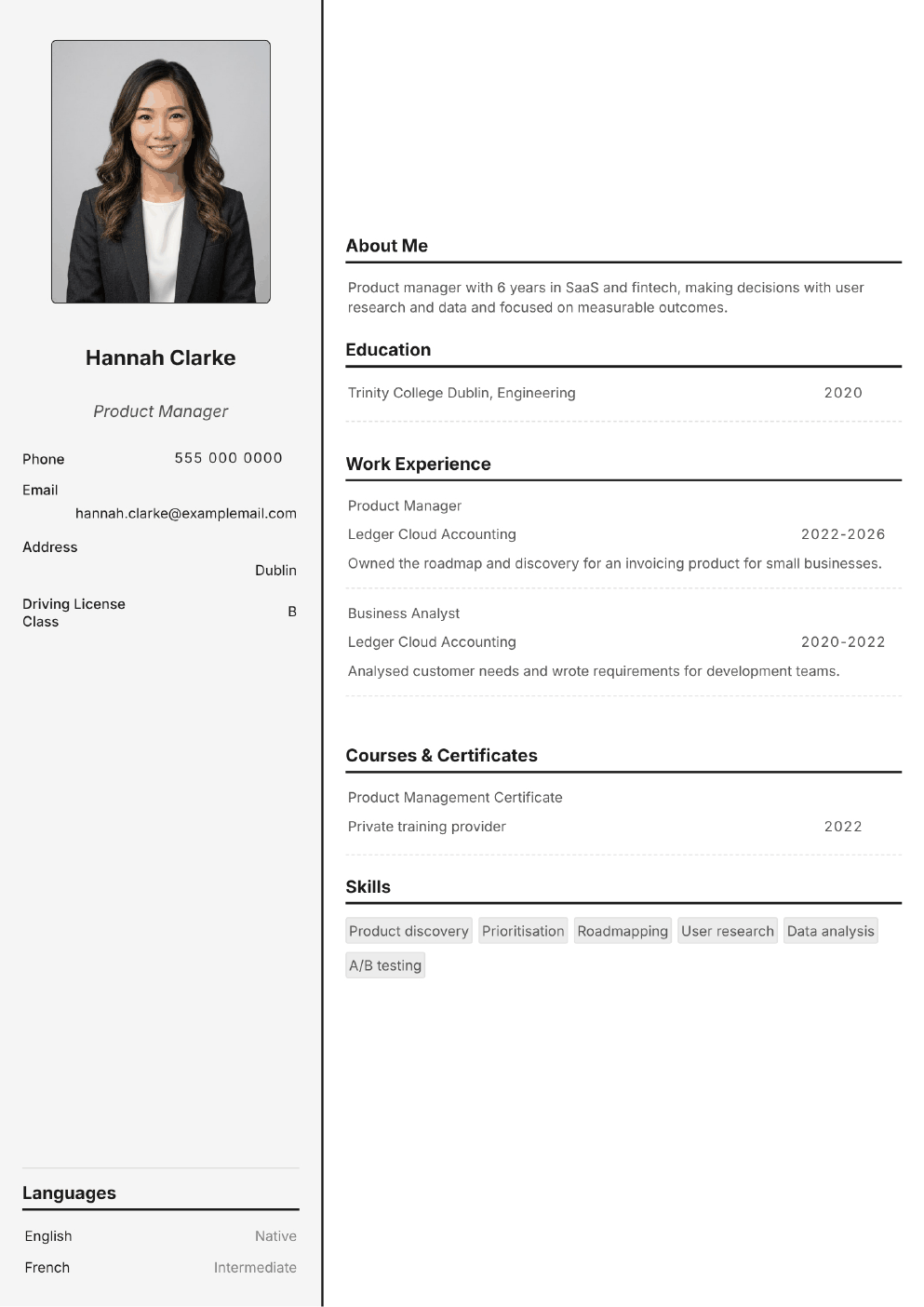 Completed CV example for a Product Manager (without photo)