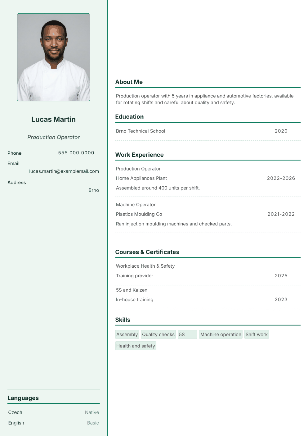 Completed CV example for a Production Operator (with photo)