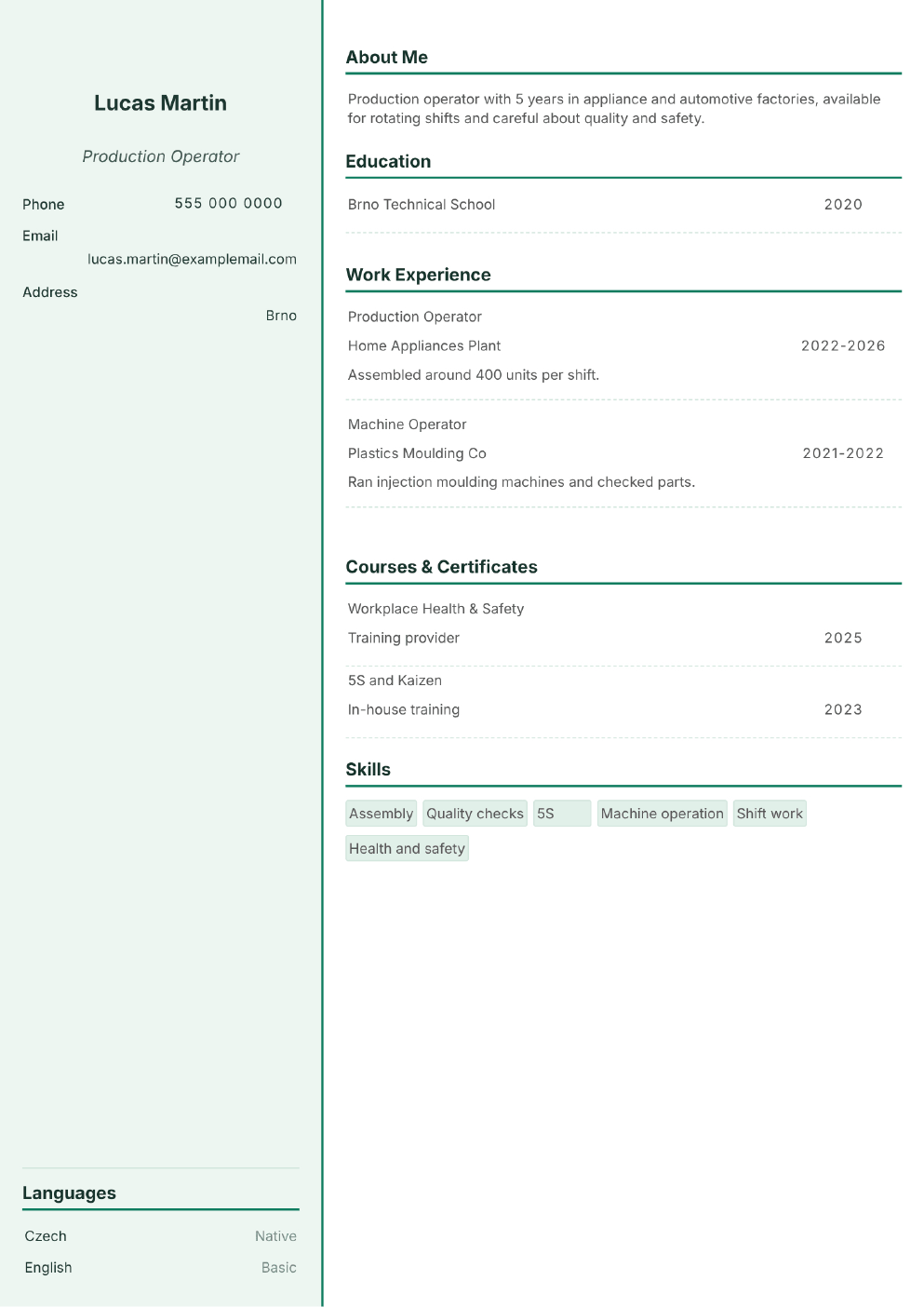 Completed CV example for a Production Operator (without photo)