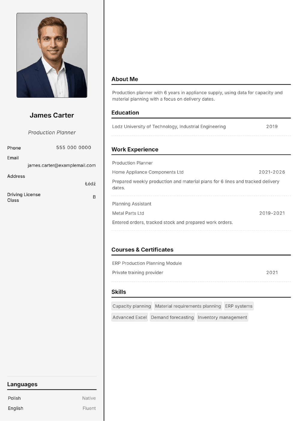 Completed CV example for a Production Planner (without photo)