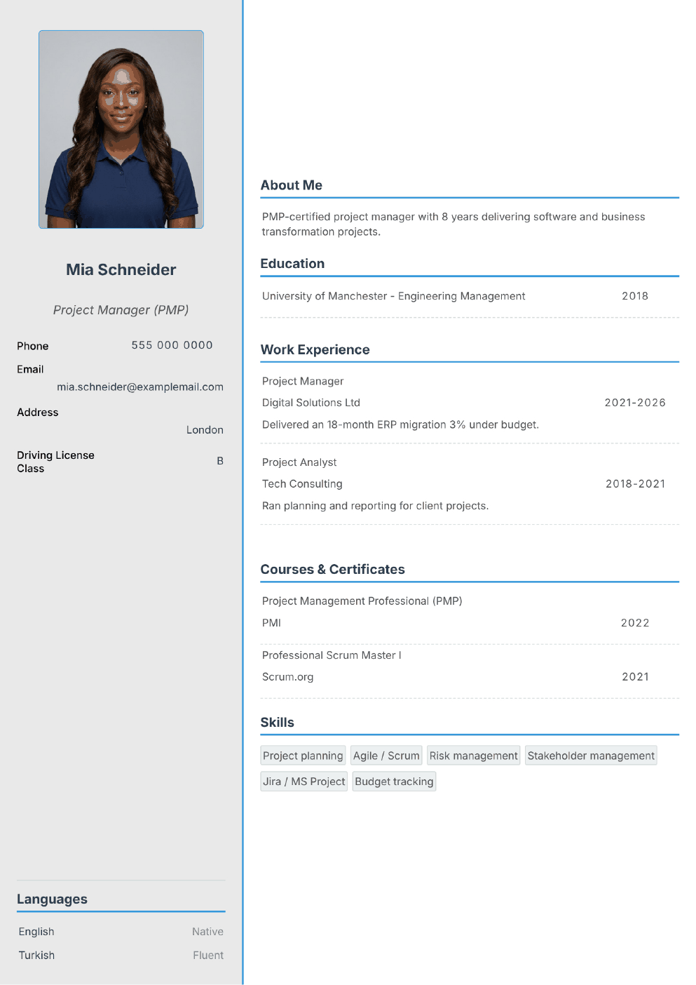 Completed CV example for a Project Manager (with photo)