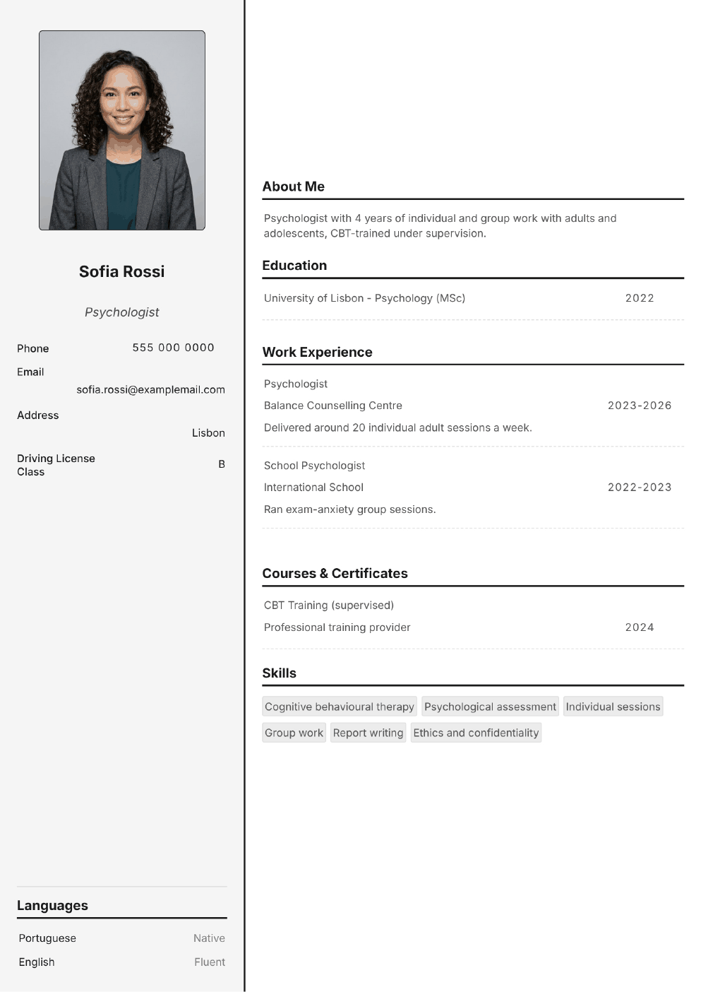 Completed CV example for a Psychologist (with photo)