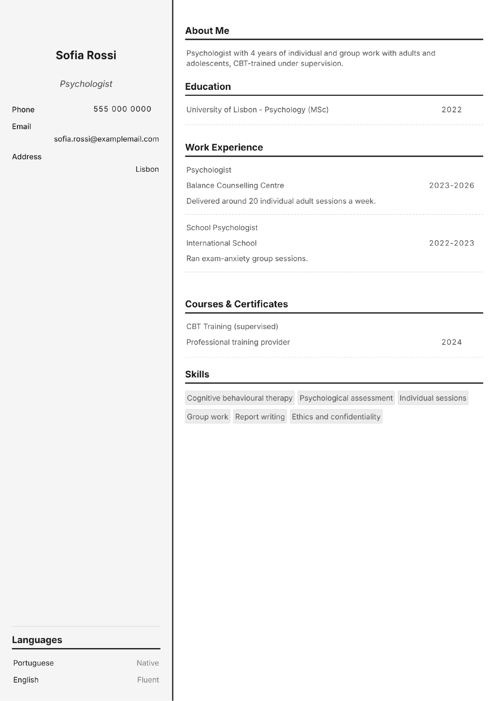 Completed CV example for a Psychologist (without photo)